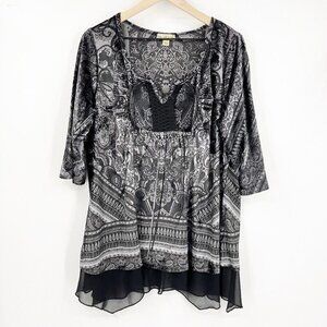 Live and Let Live Black Gray Velvet Peasant 3/4 Sleeve Tunic Top Size 1X Paisley